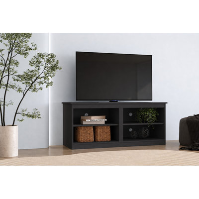 Meuble télé moderne pour téléviseurs jusqu'à 50 pouces, centre multimédia avec quatre tablettes ouvertes et système de gestion des câbles, graphite
