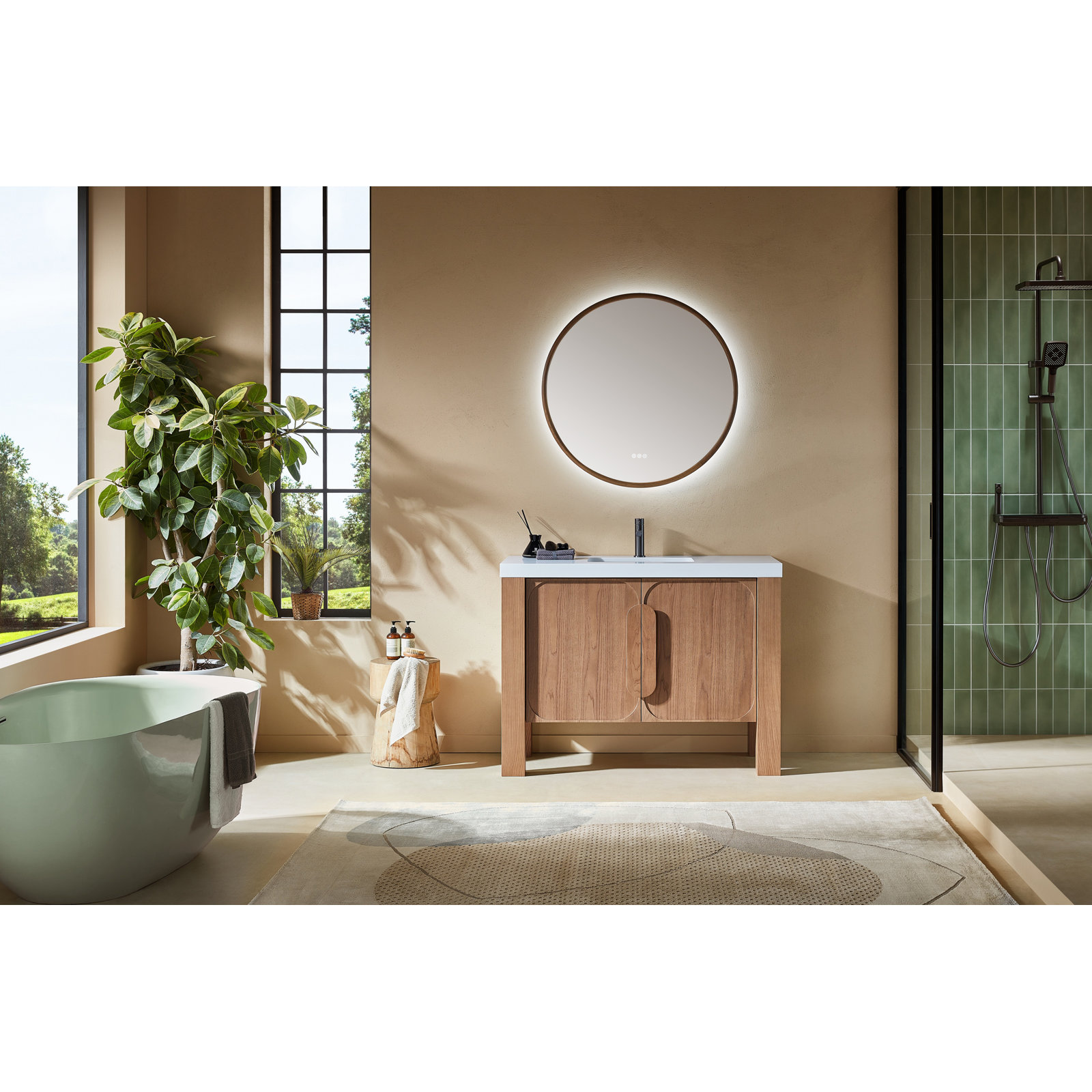 Munich 48" Natural Veneer Plywood Bathroom Vanity with Engineered Stone Countertop, White, Natural Teak