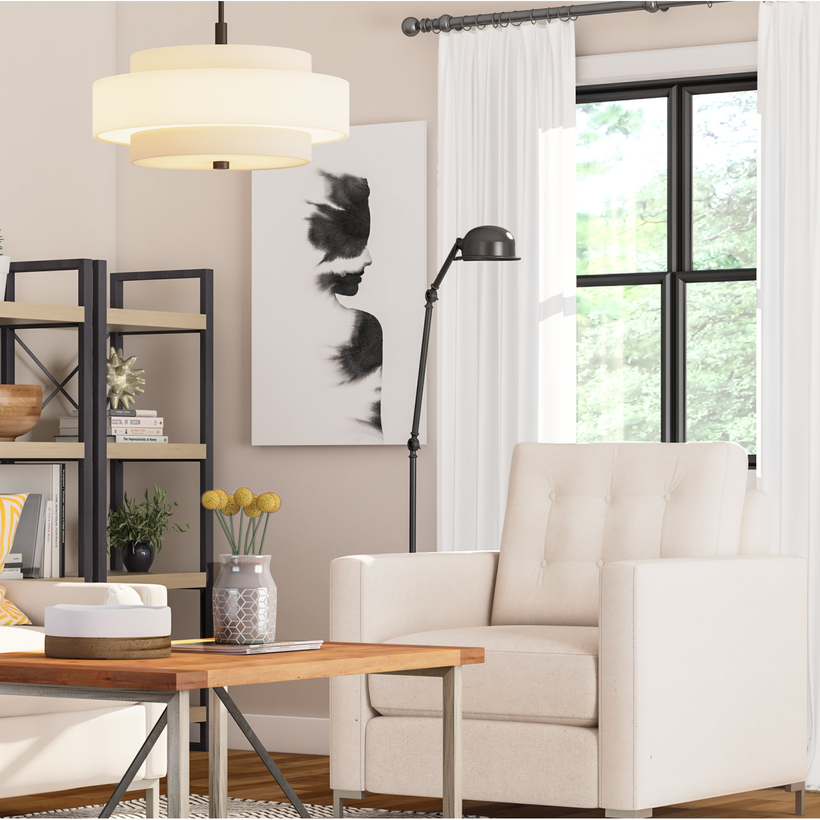 Flaire 4 - Light Steel Dimmable Drum Chandelier, English Bronze, Oatmeal