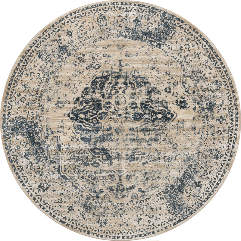 Arkeen Oriental Dark Blue/Beige/Ivory/Gray Area Rug, Round 6'1"