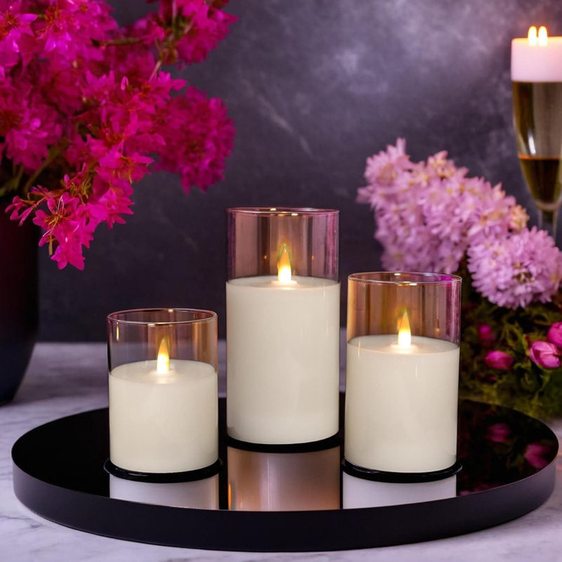 3 Pack Clear Glass Flameless LED Pillar Candles:Battery-Operated with Remote Timer, Real Wax, Flickering Flame