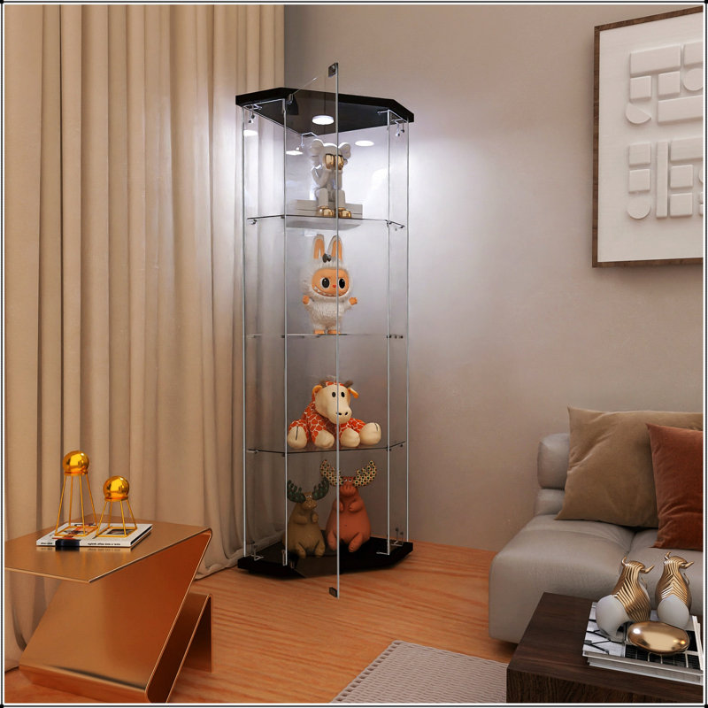 Vitrine Pentagon en verre avec 4 tablettes, éclairage DEL et installation rapide pour le salon, la chambre à coucher ou le bureau