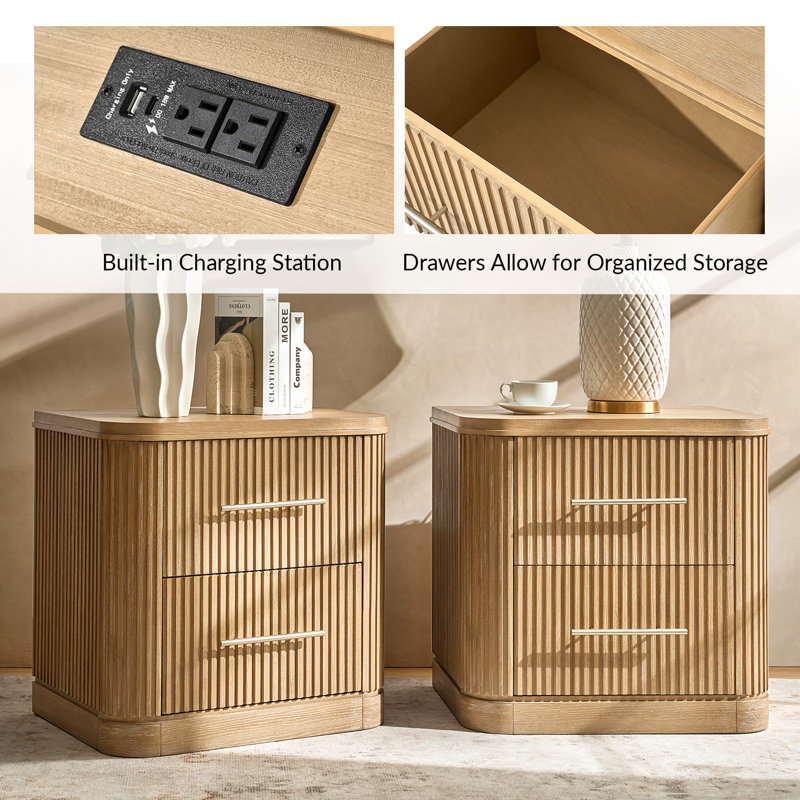Ensemble de chambre à coucher en bois massif cannelé 4 pièces Graciana, Naturel, Très grand