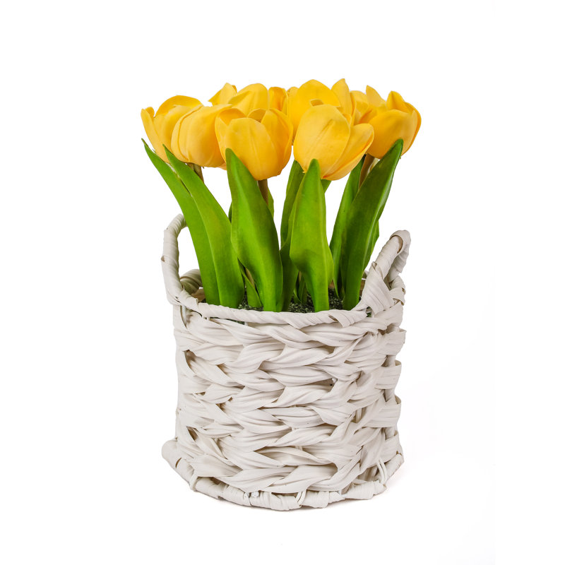 Bouquet de tulipes dans un panier blanc, Jaune, Gris