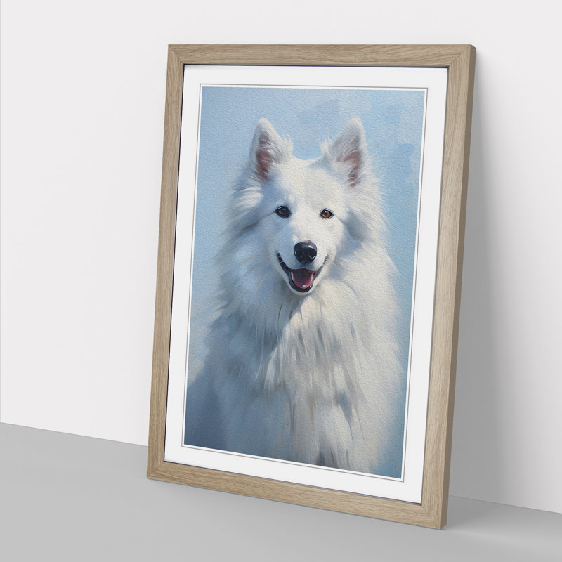 White Wolf Hard Edge Painting - Single Picture Frame Print on Wood, Oak Framed, 64cm H x 46cm W