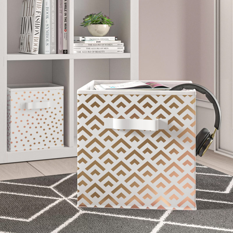 Everly Quinn Zellner Fabric Decorative Bin, 11" H x 11" W x 11" D, White/Gold