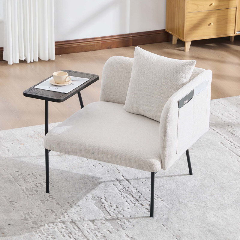 Confortable fauteuil de loisir rembourré avec petite table, pieds en métal et poches de rangement, Lin beige
