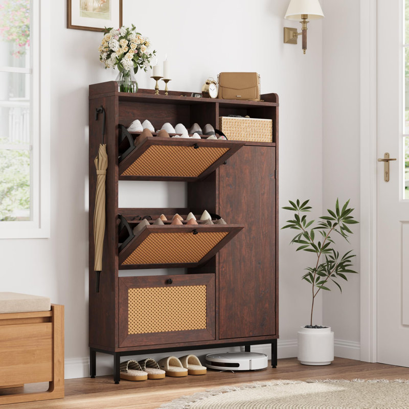 Shoe Cabinet Rattan with 3 Flip Drawers and 4-Tier Shoe Storage Cabinet, Deep Cherry