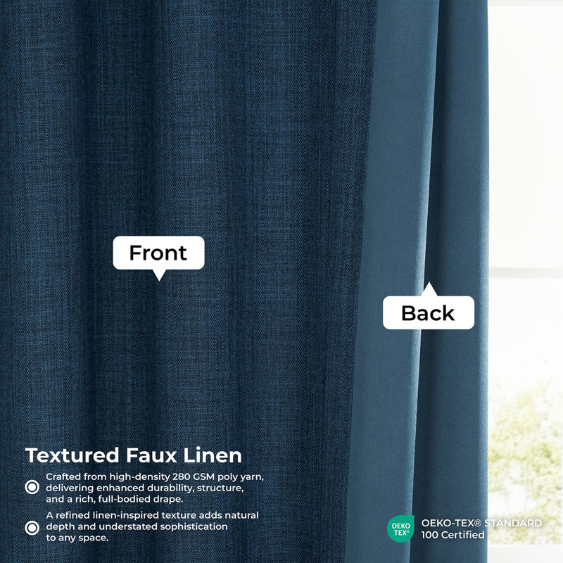 Ottis Faux Linen Room Darkening Curtain Panel, Nightfall Navy, 50" W x 84" L