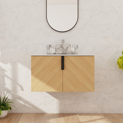 Meuble-lavabo flottant simple 30 po avec lavabo d'art en céramique, meuble-lavabo mural avec 2 portes à fermeture douce