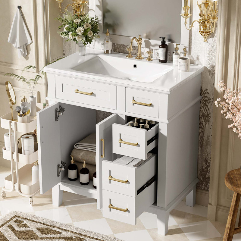 Meuble-lavabo moderne avec lavabo en céramique et rangement à fermeture en douceur