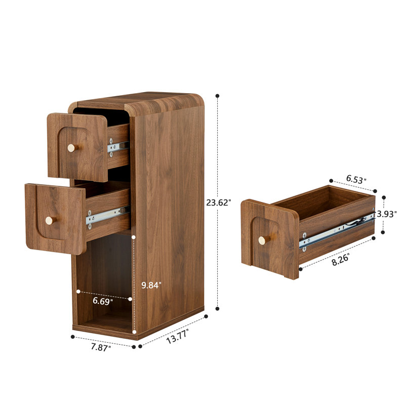 Table de bout mince, table de chevet étroite avec 2 tiroirs et rangement ouvert, Noyer