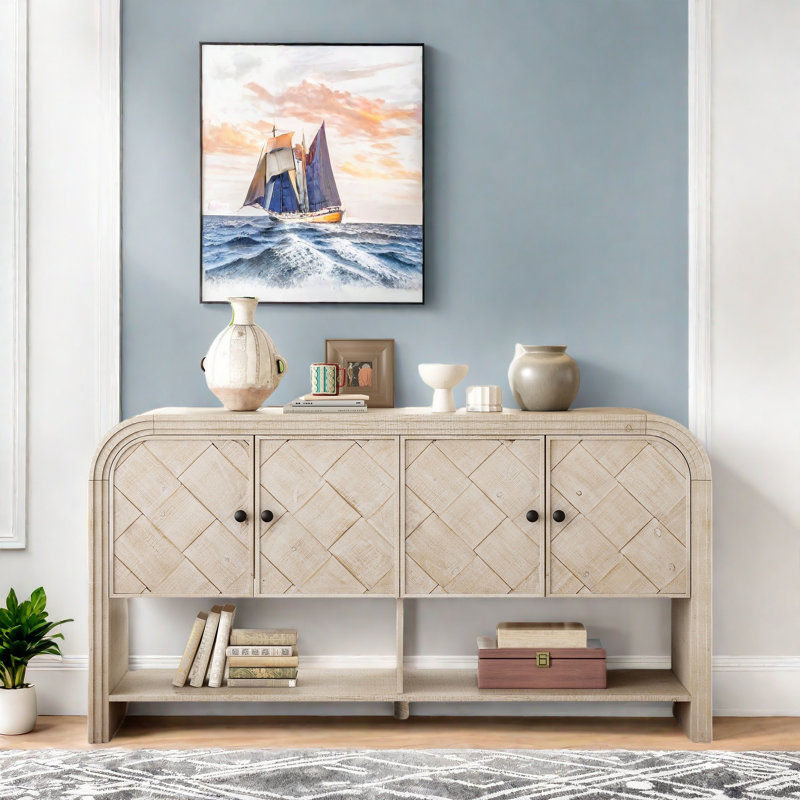 Versatile Console Table With Woven Wood Slats, 4 Doors, Storage Shelves And Round Knobs, Beige/Brown