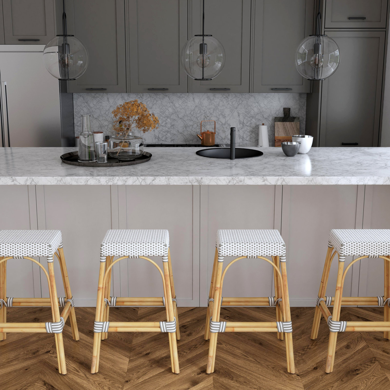 Lennart Bar Stool, Bar Stool (30" Seat Height), White/Gray Dot / Natural Rattan Frame