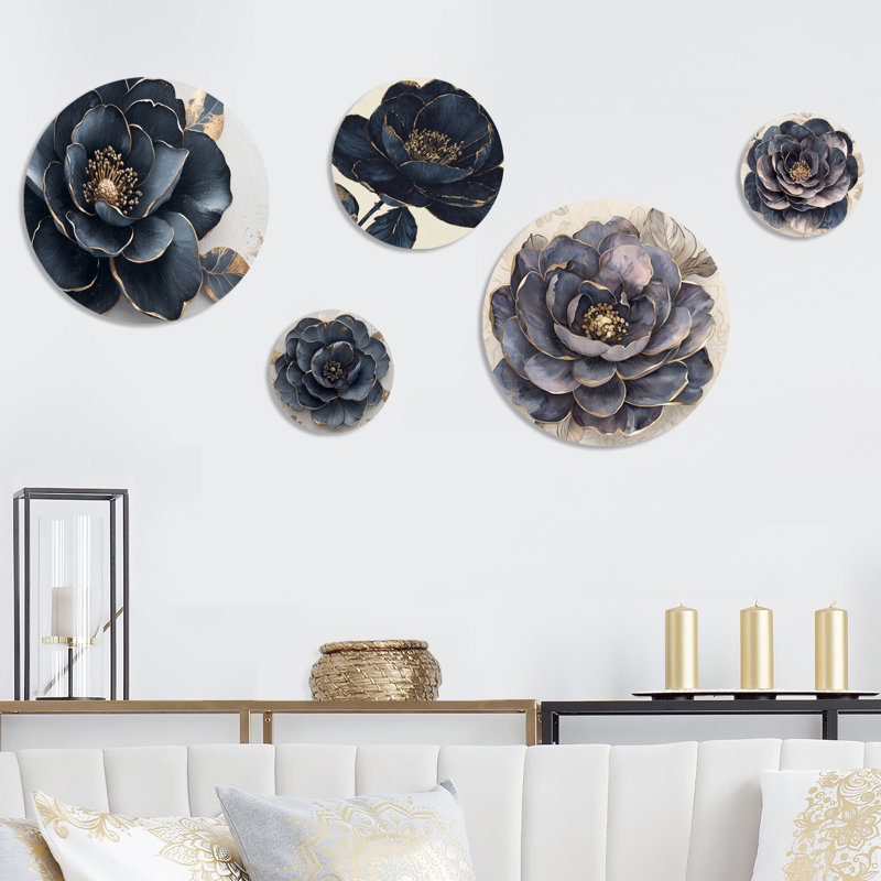 Bleu foncé rose doré doré III - ensemble d'art mural rose sur 5 - ensemble d'art mural traditionnel en métal sur 5