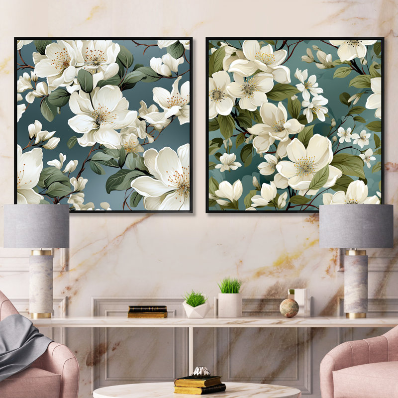 Orchidée grise et blanche - ensemble de 2 collages carrés floraux, Cadre flottant noir, H 16 po x l 33 po