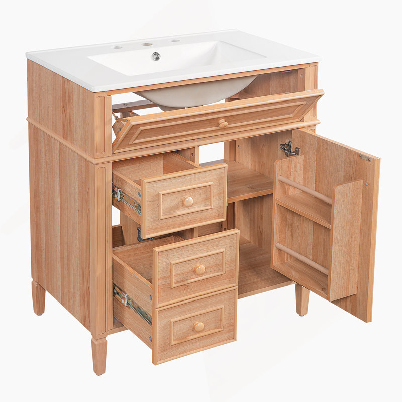 Meuble-lavabo de salle de bain avec lavabo, meuble-lavabo en bois avec tiroir rabattable, 2 tiroirs à fermeture en douceur, 1 porte à fermeture en douceur