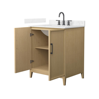 Elan 30 Inch Single Bathroom Vanity in White Oak, Carrara Cultured Marble Countertop, Undermount Square Sink (3-Hole), Matte Black Trim