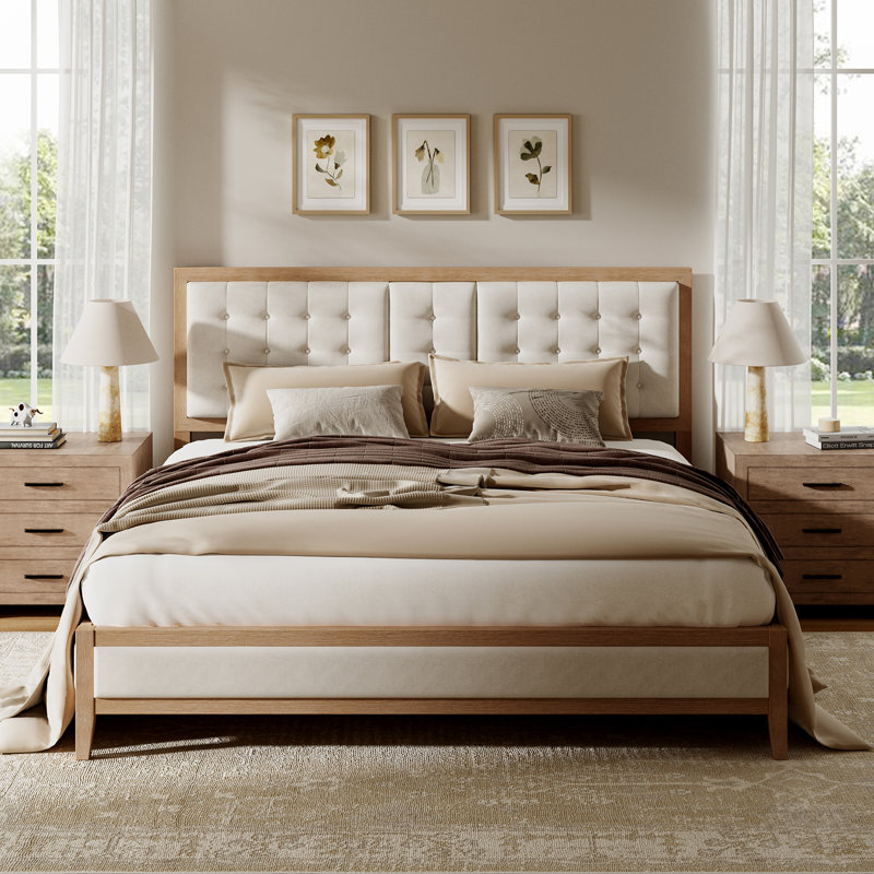 Larsen Solid Wood Upholstered Bed with Tufted Headboard, King, Ivory