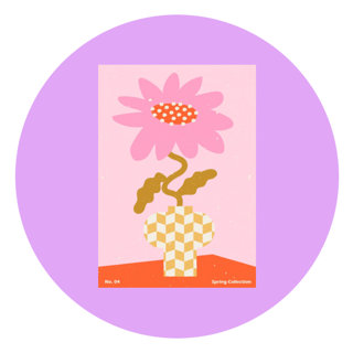 Graphic print featuring a pink flower in a yellow and white checkered vase on an orange surface, labelled No. 04 Spring Collection.
