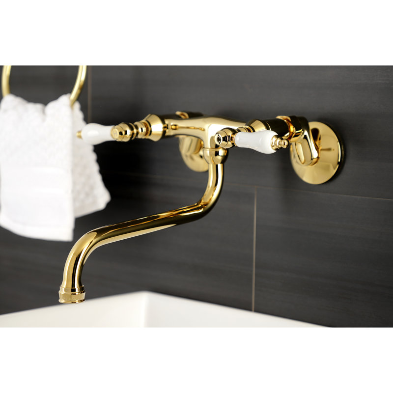 Polished Brass Wall Mount Bathroom Faucet with Lever Handles