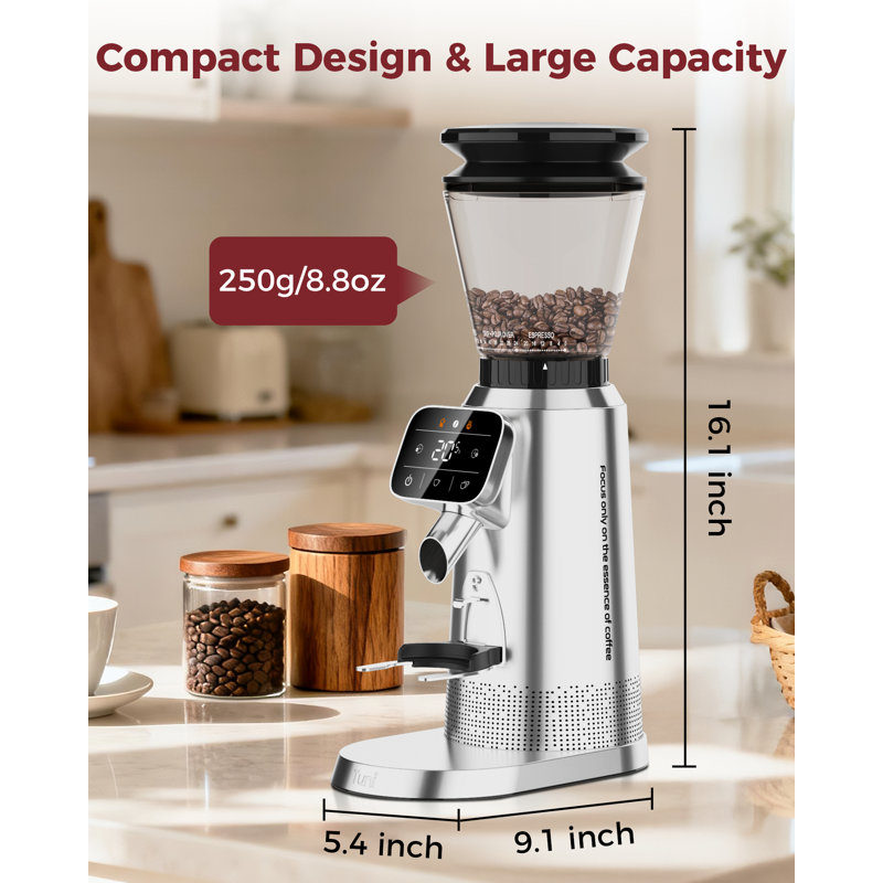 Tuni G2 Conical Burr Coffee Grinder, 70 Grind Settings Anti-static Burr Mill, Precision Electronic Timer and LED Touchscreen for Espresso/Drip/Cold Brew/French Press, Stainless Steel