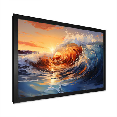 «Blue and Orange Sunrise Waves III» - art mural vagues côtières