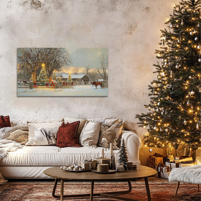  Christmas Canvas Wall Art, Cozy Farm Scene Canvas Prints, Snowy Christmas Trees and Horses Wall Painting, Holiday Wall Decor Poster for Living Room, Bedroom, Indoor Decoration, 32x16 Inch