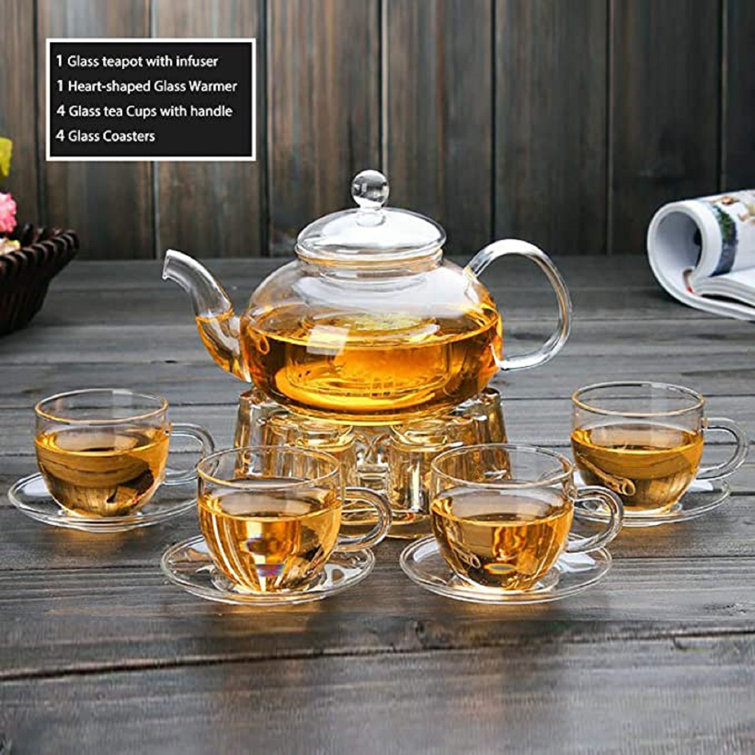 Adorable Full Glass Kettle Teapot Set with Removable Infuser Strainer and 4 Cups and Saucers and Heart Shaped Candle Holder Warmer Heating Base for TE