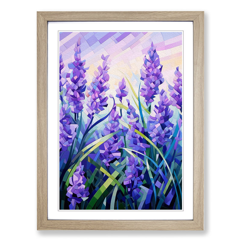 XYZ-FRM-V1223-4087 Lavender Flower Cubism - Single Picture Frame Print on Wood, 34cm H x 25cm W x 2cm D, Oak