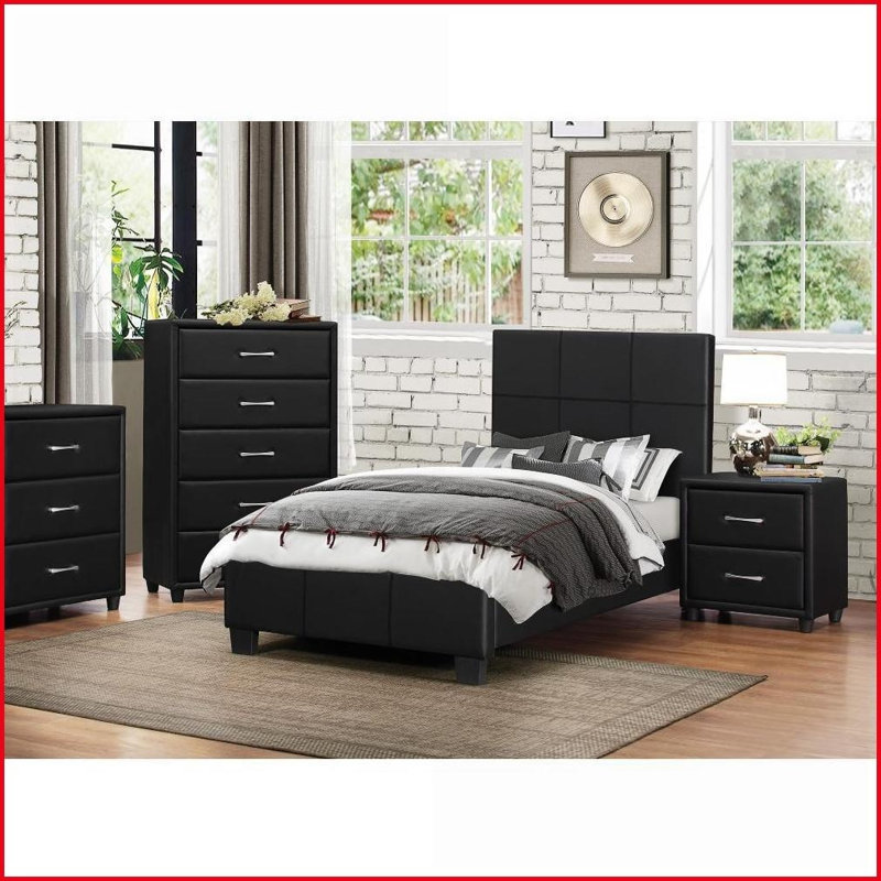 Commodes et amp; Armoire, commode contemporaine 5 tiroirs en similicuir noir avec poignées argentées | Noir | Contreplaqué