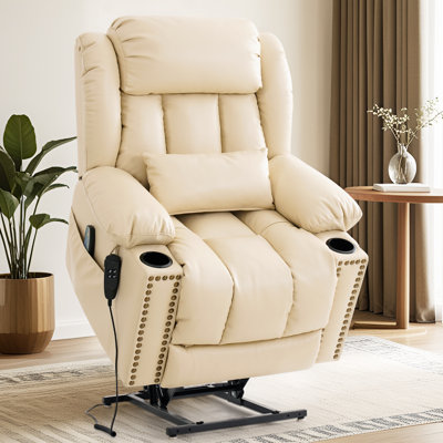 Power Lift Recliner Chair Dual Motor, Electric Leather Recliner For Elderly With Heat And Massage, Lay Flat Assist Recliner With Cup Holder (beige)