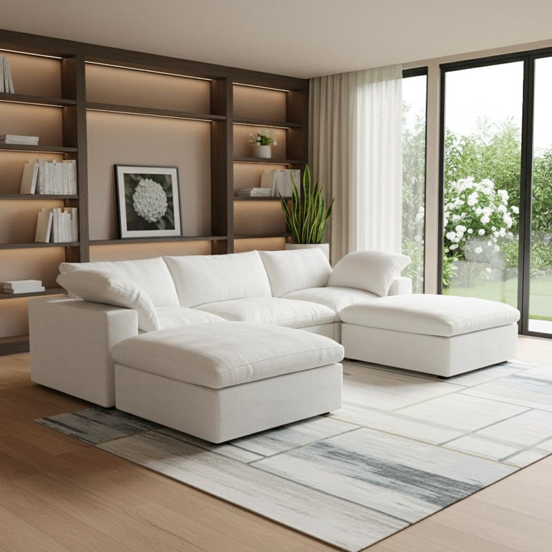 Canapé modulaire 120 po en mélange de lin blanc avec repose-pieds et rangement