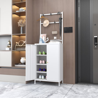 Tall Metal Shoe Cabinet with Coat Rack,Shoe Storage Cabinet with Doors,Hanging Bar,Hooks for Entryway, Hallway, and Living Room,2in1 Hall Tree with 3 Adjustable (Cabinet with Rack, White)