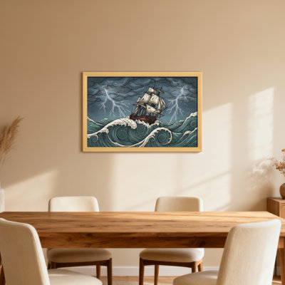 Stormy Sea Ship Lightning Waves Dark Sky Sails Wind - Cadre photo sur toile