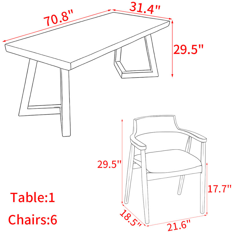 Ensemble de table de salle à manger en bois massif de style américain., H 29,5 po x L 70,8 po x l 31,4 po