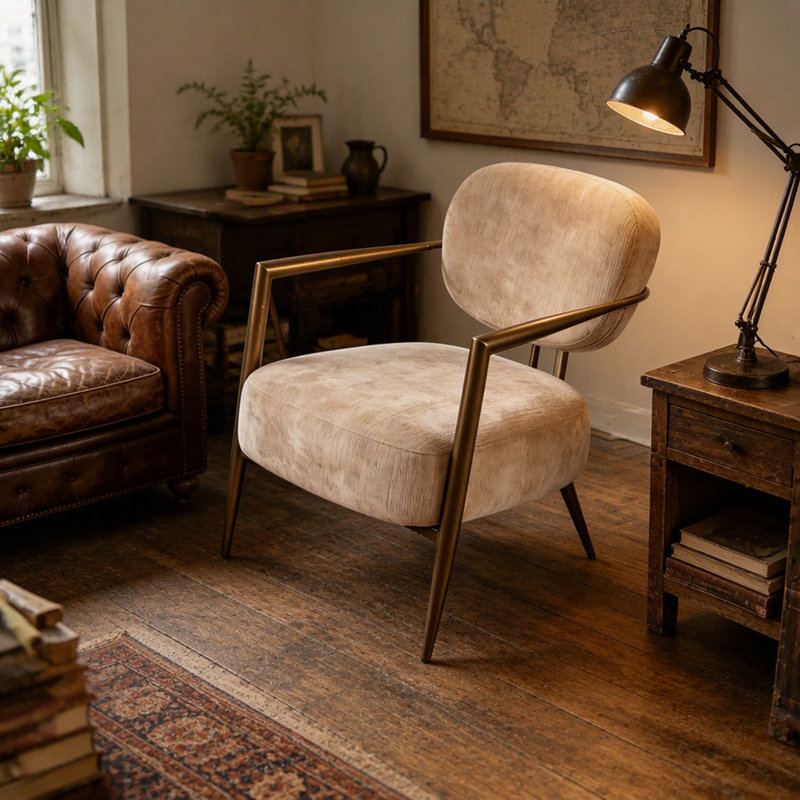 Chaise d'appoint moderne avec structure en métal et tissu doux rembourré, Tissu chameau