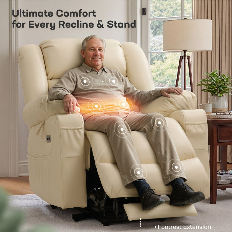 Dual Motor Power Lift Chair Recliner for Elderly with Massage and Heat, Infinite Position Electric Lift Recliner with USB A&C, Cup Holders (T6010 - Faux Leather, Cream White, Medium)