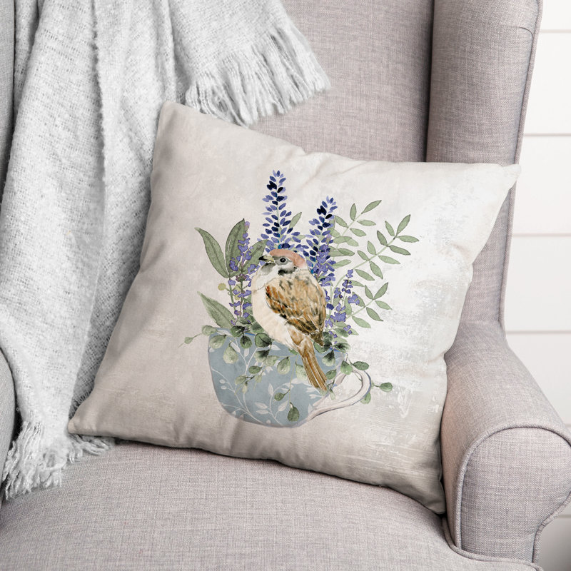 Floral Bird in Tea Cup Square Throw Pillow