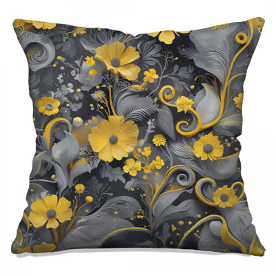 Yellow Gray Floral Illustration Double Sided Throw Pillows
