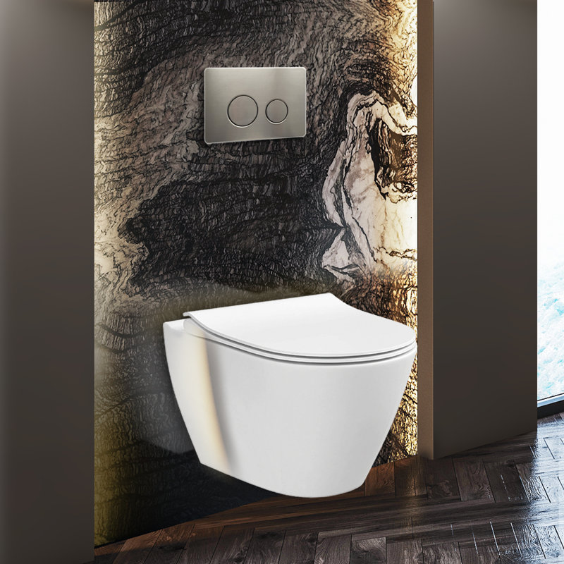 Toilette ronde murale à double chasse Stormon avec siège à fermeture en douceur, réservoir, système de transport et bouton-poussoir