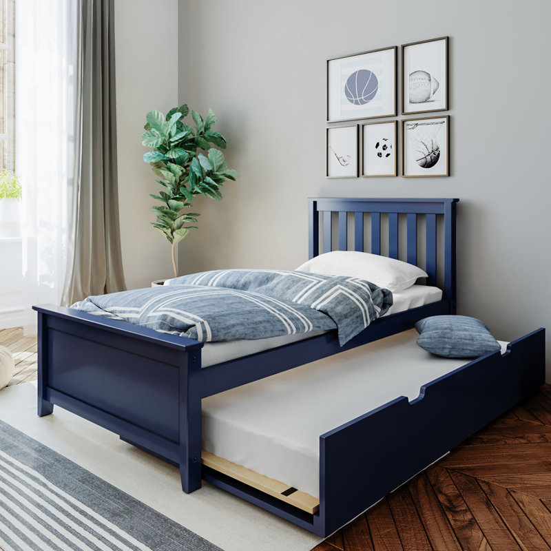 Lit plateforme simple en bois massif avec lit gigogne Boling, Bleu, Lit simple