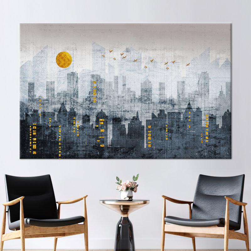 Art abstrait sur toile de paysage urbain - affiche de paysage de décor de bureau moderne, H 24 po x l 35 po, Toile tendue