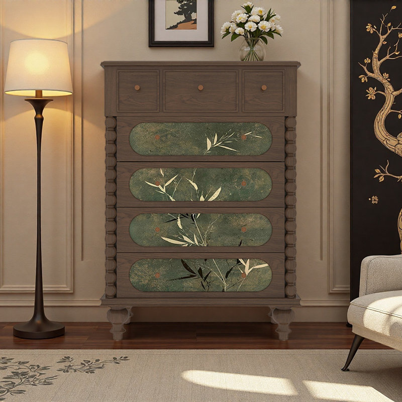 Commode de chambre en bois massif avec poignées en cuivre, Noyer