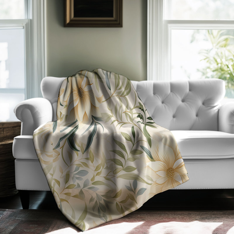 Beige Foliage - couverture en sherpa de qualité supérieure 1 pièce, Grand lit