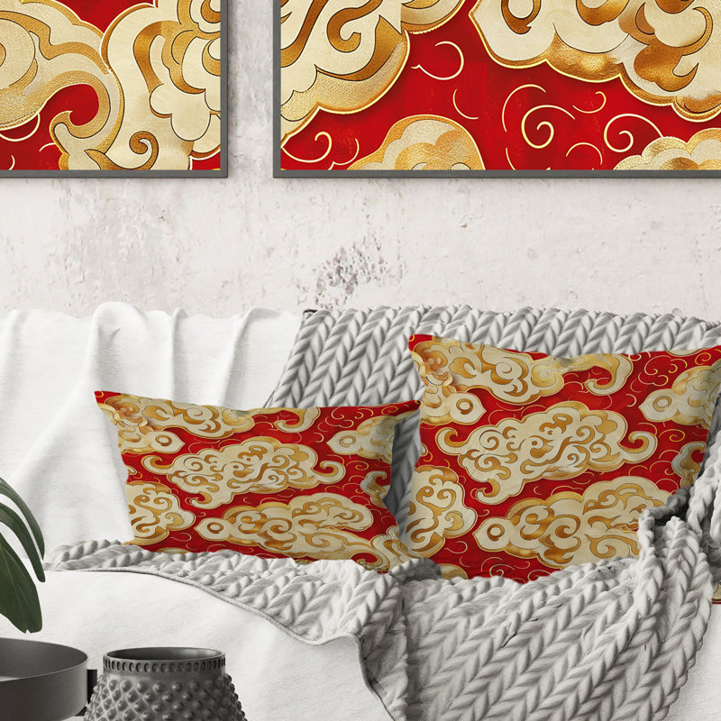Nuage chinois doré et rouge - Coussin décoratif traditionnel chinois, Carrée, H 18 po x l 18 po