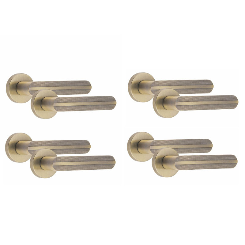 4 Pairs Modern Lima Knurled Design Premium Door Handles on Round Rose in Antique Brass
