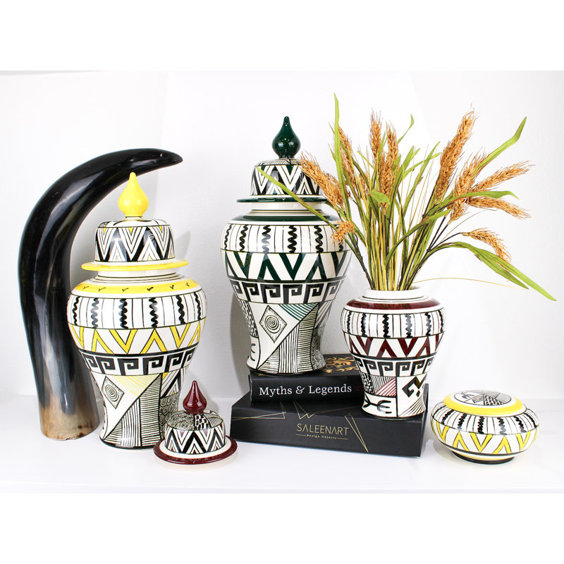 African Handmade Ceramic Jar, Green/Black/White, 13" H x 6.5" W x 6.5" D