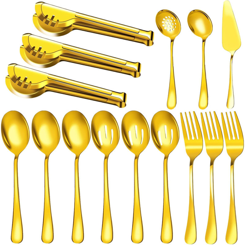 Ensemble d'ustensiles de service de 15 pièces en acier inoxydable pour la cuisine, la restauration, le banquet, le mariage, le buffet - comprend des cuillères, des fourchettes, des pinces, une cuillère à rainures, une louche et un gâteau