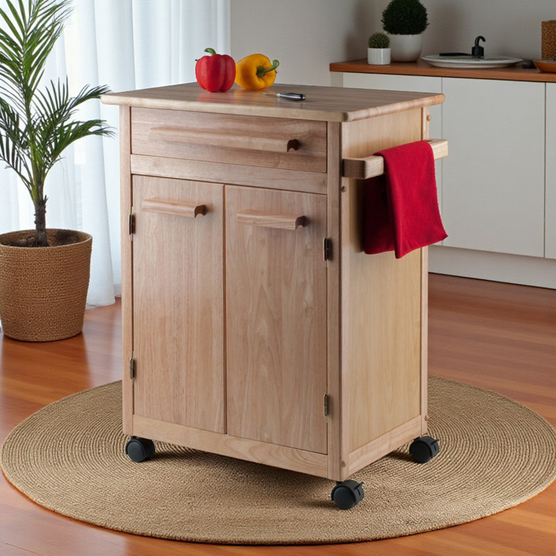 Hackett Wheeled Utility Cart with Pull-Out Drawer in Natural, 34.05" H X 25.85" W X 17.85" D